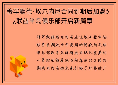 穆罕默德·埃尔内尼合同到期后加盟阿联酋半岛俱乐部开启新篇章 穆罕默德·埃尔内尼合同到期后加盟阿联酋半岛俱乐部开启新篇章