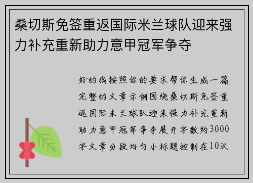 桑切斯免签重返国际米兰球队迎来强力补充重新助力意甲冠军争夺